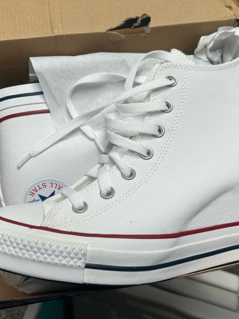 White High Top Canvas Sneakers with Red & Blue Trim